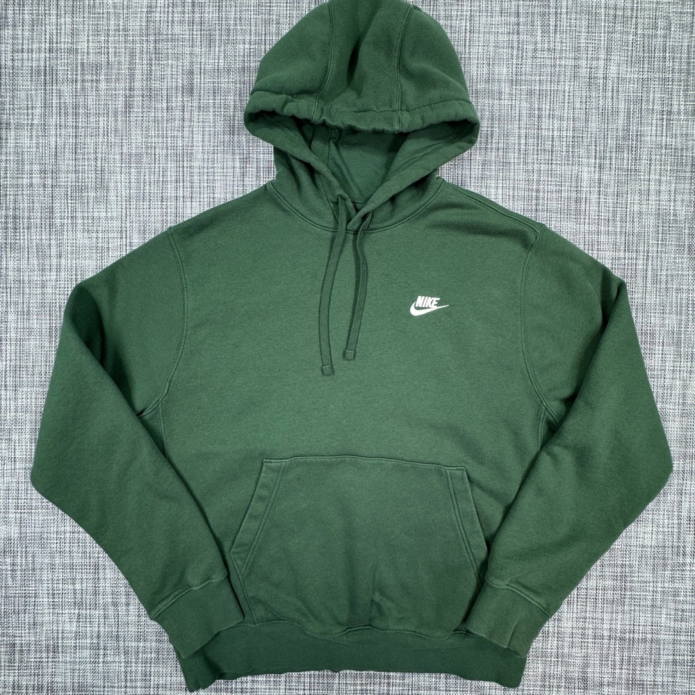 Nike Club Fleece Hoodie Mens Medium Green Cotton Blend Pullover Swoosh Logo